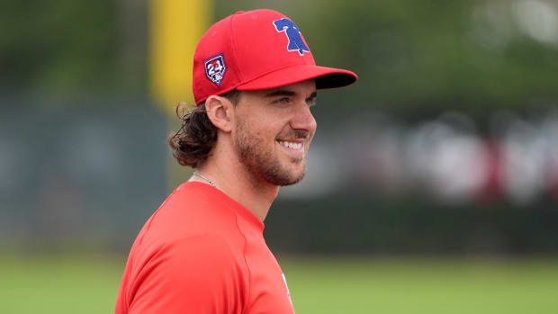Feb 16, 2024; Clearwater, FL, USA; Philadelphia Phillies starting pitcher Aaron Nola (27) smiles at Phillies Spring Training. Mandatory Credit: